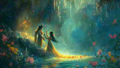 Luminous forest lovers in ethereal fantasy river tableau.