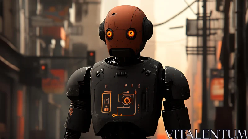 Urban sentry robot with illuminated interface in hazy alleyway.