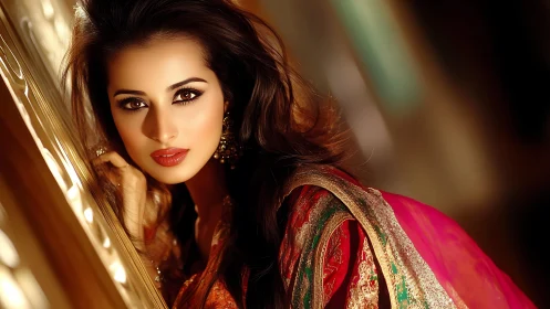 Bridal portrait glows under rich golden cinematic light.