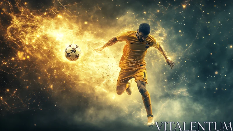 Dynamic soccer forward in golden energy explosion effect