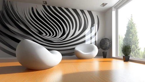 Modern lounge shows sculptural chairs before vortex mural