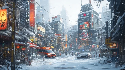 Snowbound neon high street under falling winter dusk.