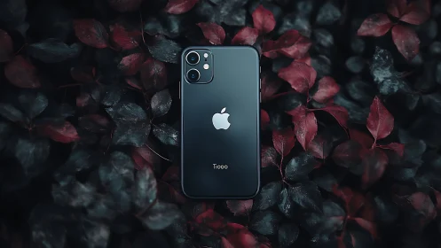 iPhone 11 Pro positioned against dark foliage backdrop.