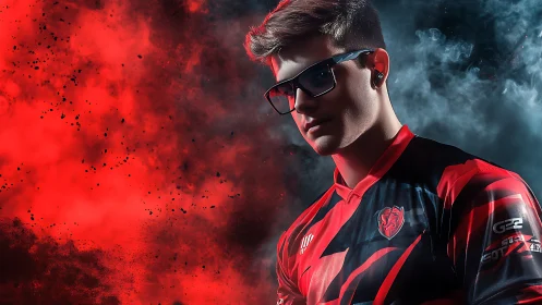 Esports gamer portrait in dynamic red smoke backdrop.