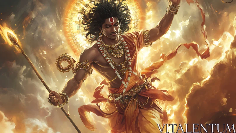 Radiant warrior deity ascends through incandescent storm clouds