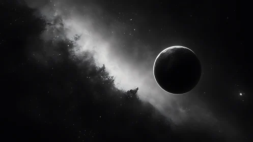 Shadowed planet edges nebula glow in deep black cosmos.