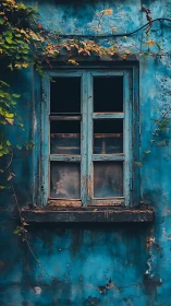 Weathered blue window quietly holds memories and soft charm