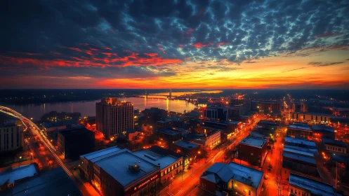 Urban riverfront skyline under vivid dusk illumination.