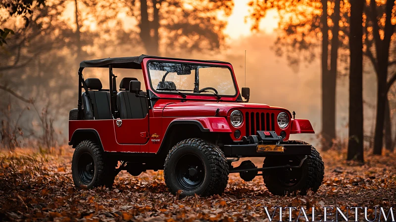 Crimson trail rover waits boldly in a fog-lit autumn forest