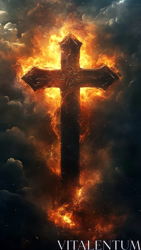 Burning iron cross cuts through storm-darkened clouds.