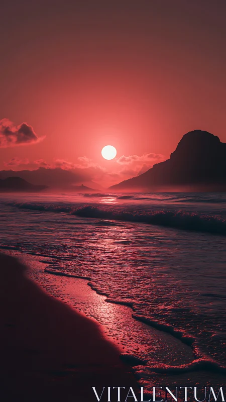 Red-toned coastal sunset with silhouetted headland and surf.