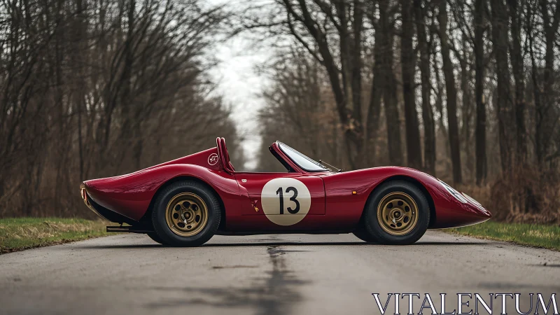 Vintage red racing roadster rests on a quiet forest lane.