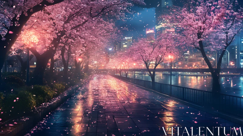 Night riverwalk under neon city cherry blossoms.