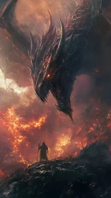 Colossal infernal dragon confronting lone armored warrior