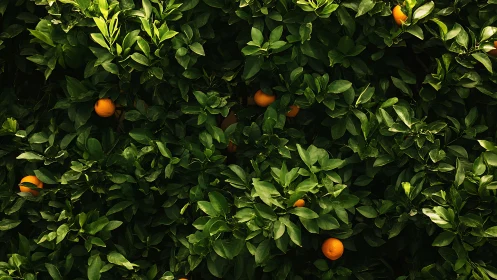 Ripe oranges rest in dense green foliage under soft sunlight