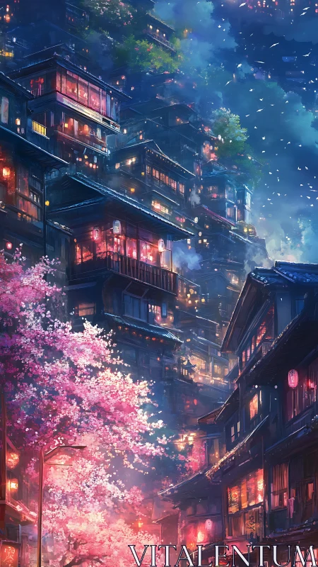 Multi-level wooden houses rise above illuminated cherry trees