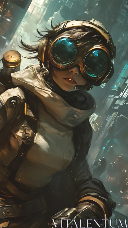 Cybernetic scout in reflective goggles surveys neon megacity