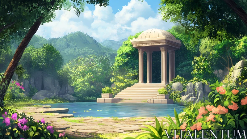 Sunlit classical pavilion overlooks tranquil forest pool