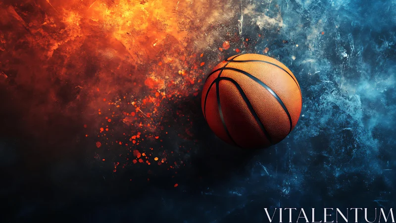 Fiery frost basketball exploding through vivid contrast.