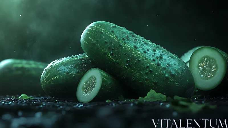 Macro render of dewy cucumbers under cinematic low key lighting