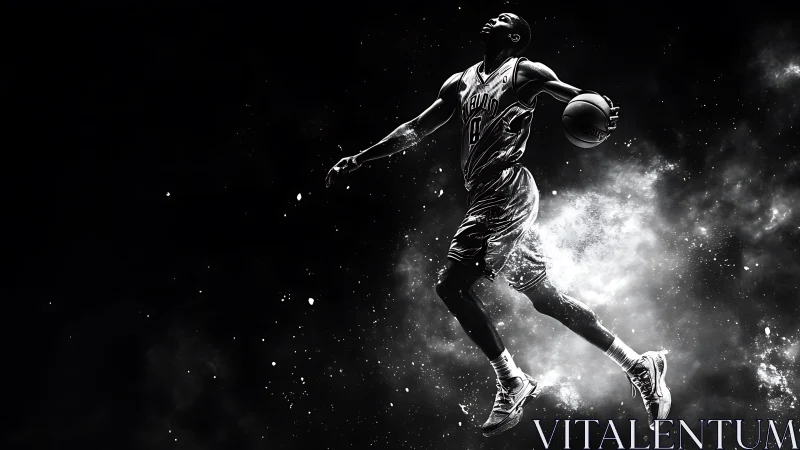 Soaring basketball player explodes from cosmic darkness.