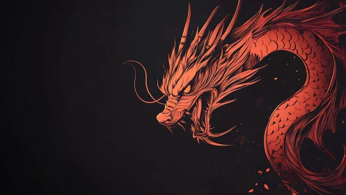 Fiery red dragon illustration on dark minimal backdrop.