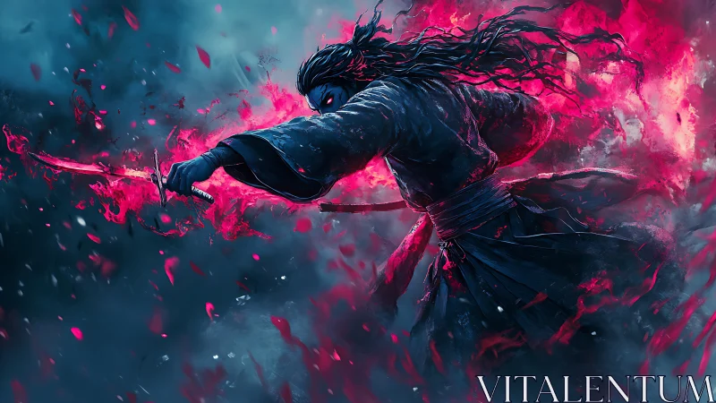 Sword-wielding figure advances through red energy field