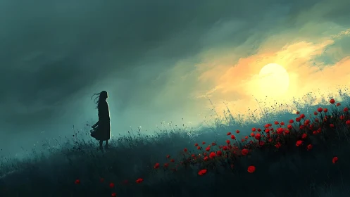 Solitary figure studies dawn light over misted poppy field