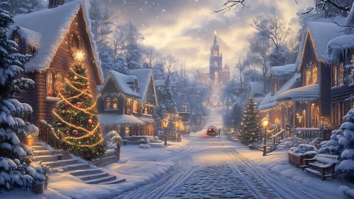 Snowy village street glowing with festive winter lights.