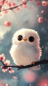 Fluffy white owl resting softly among pink blossoms.