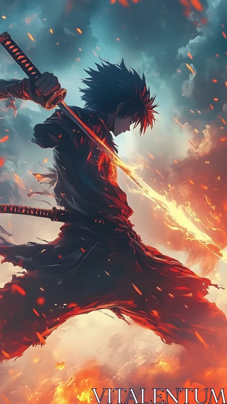 Flaming katana warrior silhouetted against storm-lit sky.