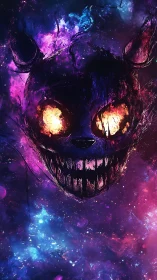 Cosmic demon cat skull burns through nebula void.