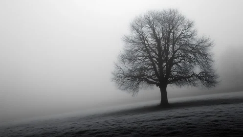 Fog-diffused winter tree silhouette on frost-textured hillside.