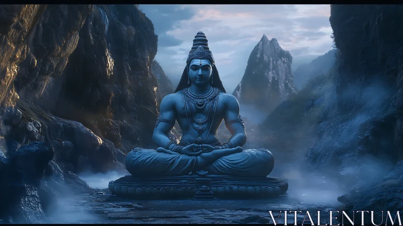 Silent blue mountain deity rests in calm misty valley