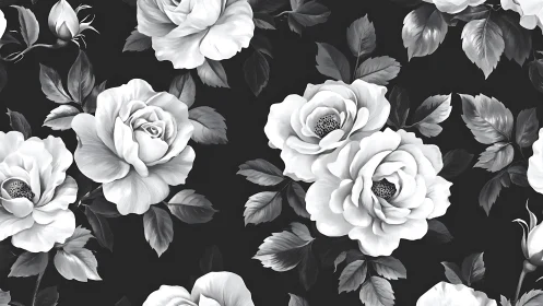 Monochromatic floral botanical study: densely layered roses with grayscale tonal rendering