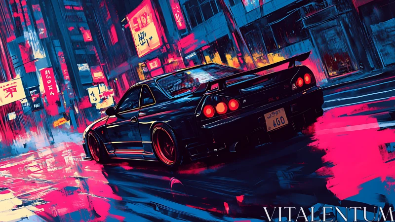Neon street racer car in stylized cyberpunk city at night.