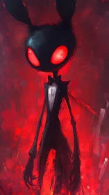 Elongated tuxedoed rabbit entity with glowing red ocular cores