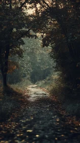 Forest Path Through Dense Deciduous Trees With Golden Sunlight Filtering