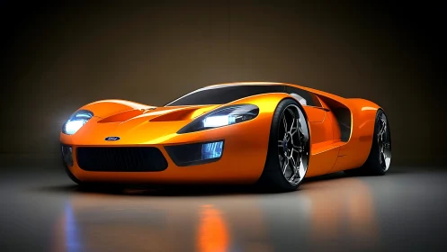 Low-angle render of orange supercar with dramatic studio lighting