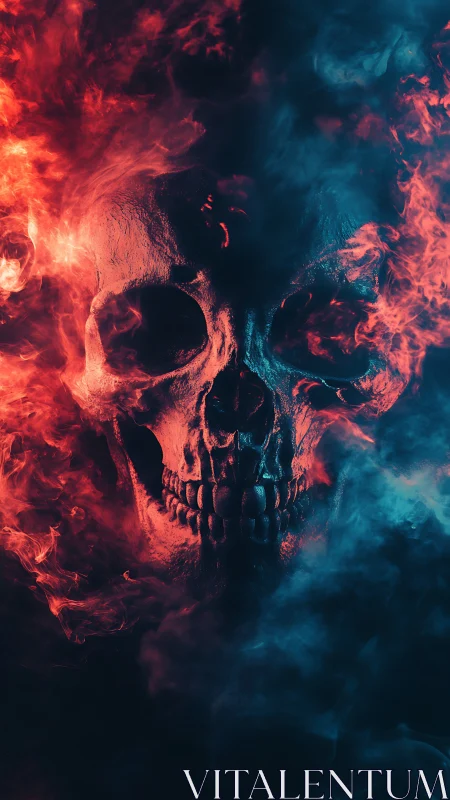 Bilateral red blue inferno skull with volumetric smoke lighting.