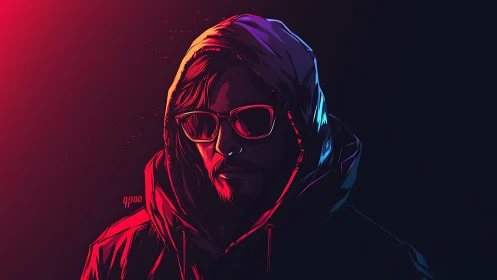 Neon hooded silhouette drinks in midnight cyber glow.