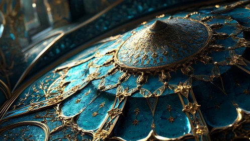 Turquoise domed ceiling with ornate radial gold filigree.