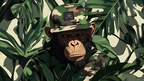 Chimpanzee subject wears camouflage clothing among foliage