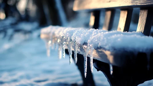 Macro depth study of icicles along snow loaded bench edge.