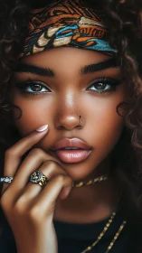 Photorealistic close-up portrait with luxe bohemian styling.