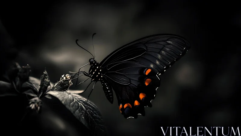 Midnight-winged butterfly resting in quiet moonlit garden.