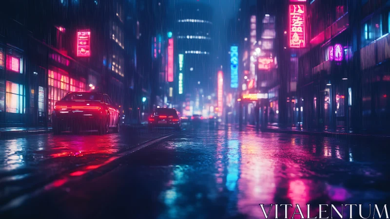 Neon rainstorms chase red taillights through midnight streets