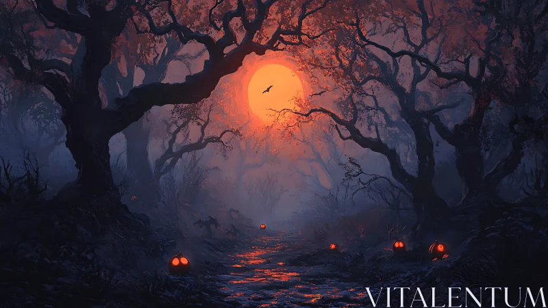 Moonlit forest path with jack-o-lanterns and silhouettes.