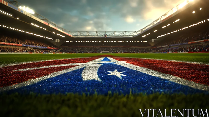 Stadium turf emblem glows under dramatic evening floodlights.