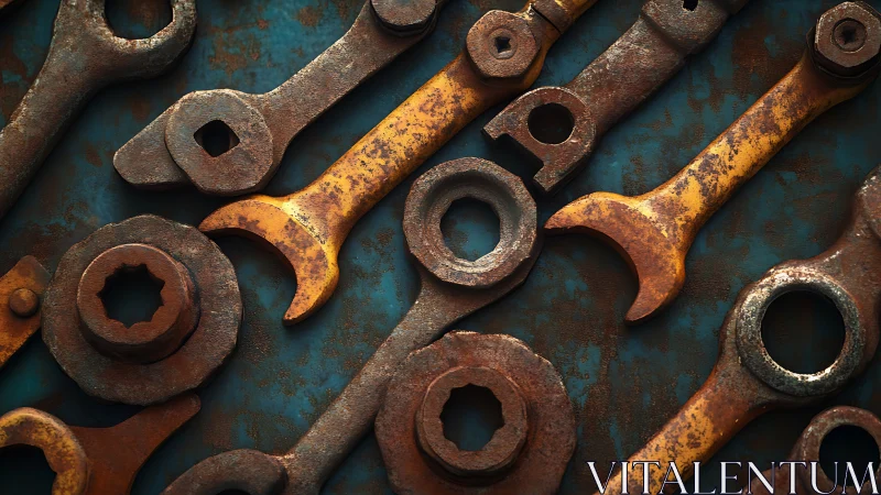Photorealistic study of rusted wrenches on corroded steel surface.